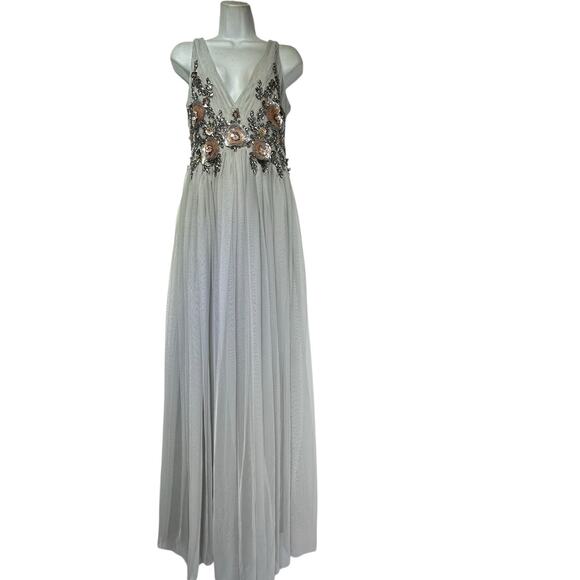 BHLDN Gray Tulle Beaded Floral Maxi Gown Size 4 Formal Evening Dress - Picture 1 of 11
